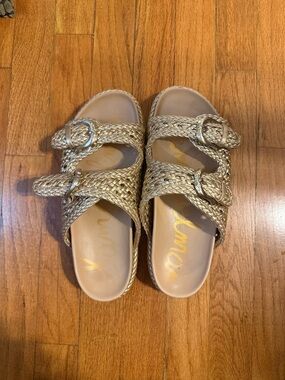 Sam Edelman Braided Double-Buckle Slide Sandals in Metallic Gold
